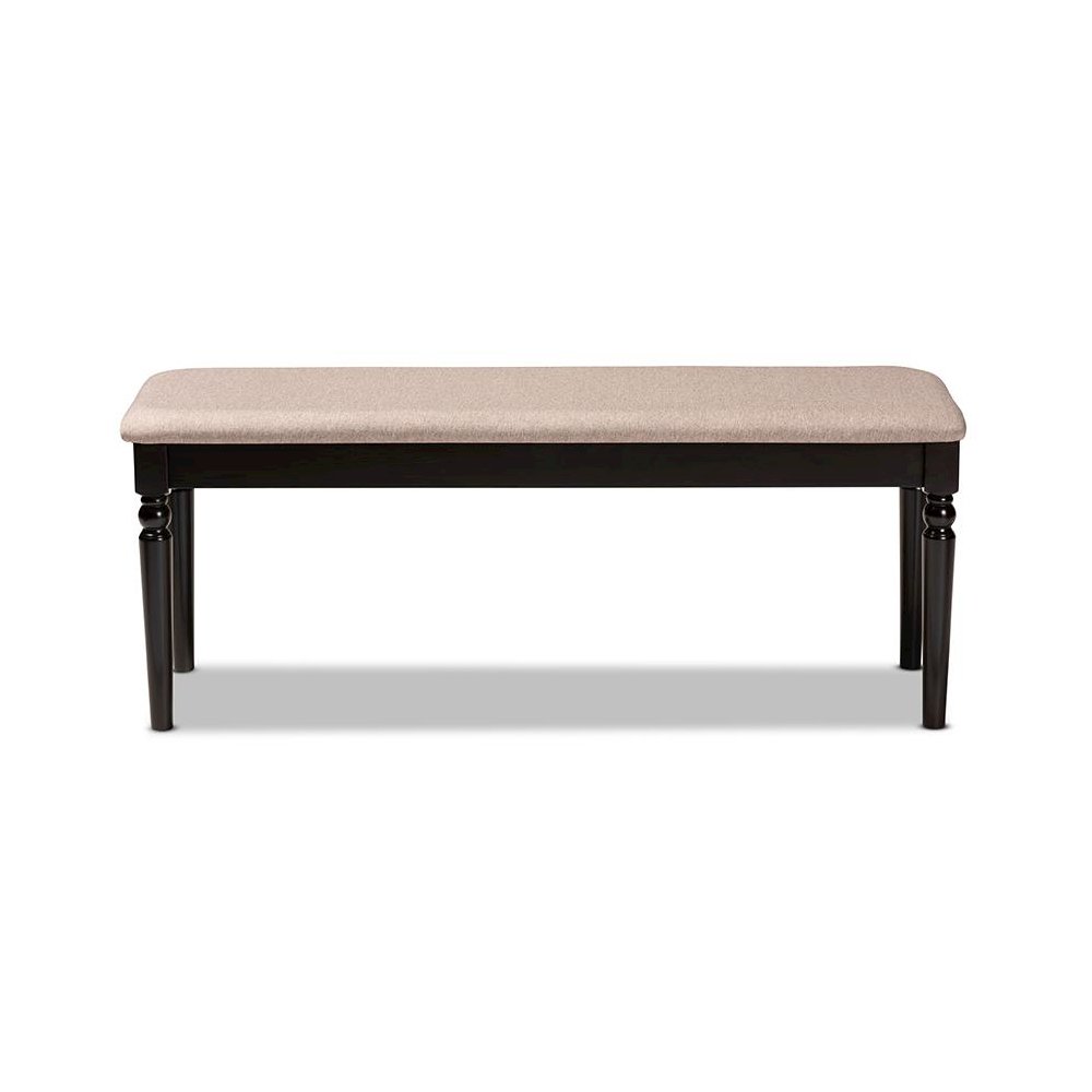 Sand Fabric Upholstered and Dark Brown Finished Wood Dining Bench