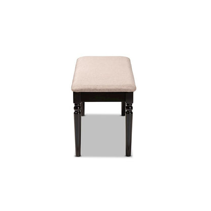 Sand Fabric Upholstered and Dark Brown Finished Wood Dining Bench