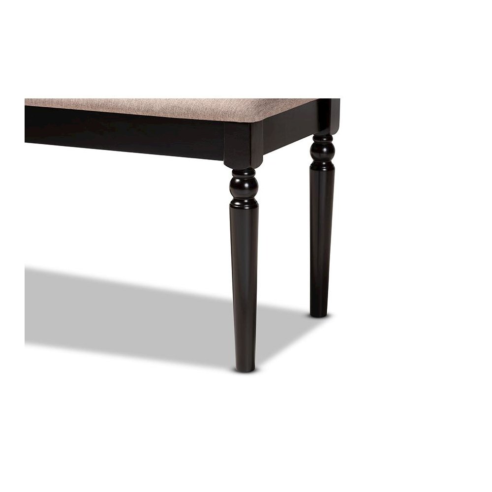 Sand Fabric Upholstered and Dark Brown Finished Wood Dining Bench