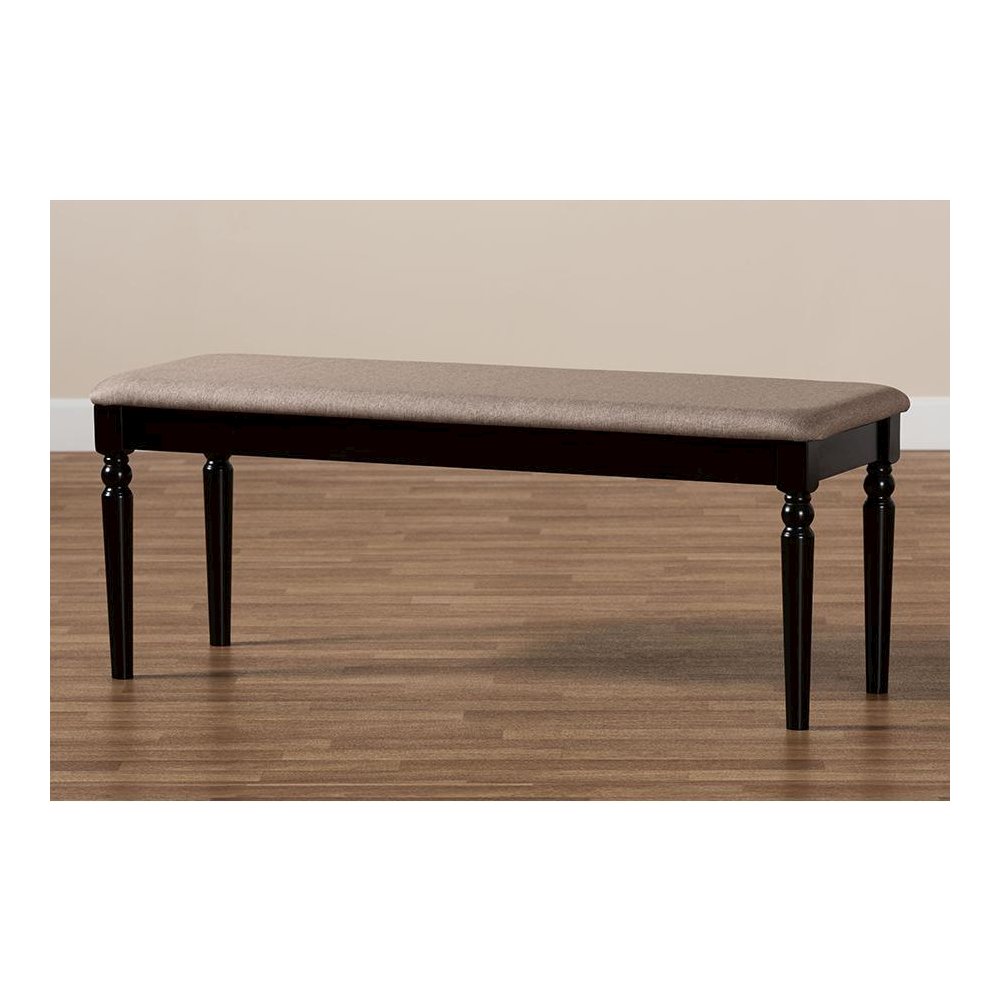 Sand Fabric Upholstered and Dark Brown Finished Wood Dining Bench