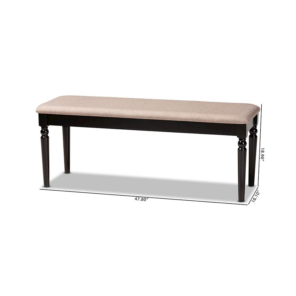 Sand Fabric Upholstered and Dark Brown Finished Wood Dining Bench