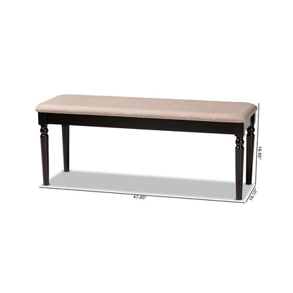 Sand Fabric Upholstered and Dark Brown Finished Wood Dining Bench