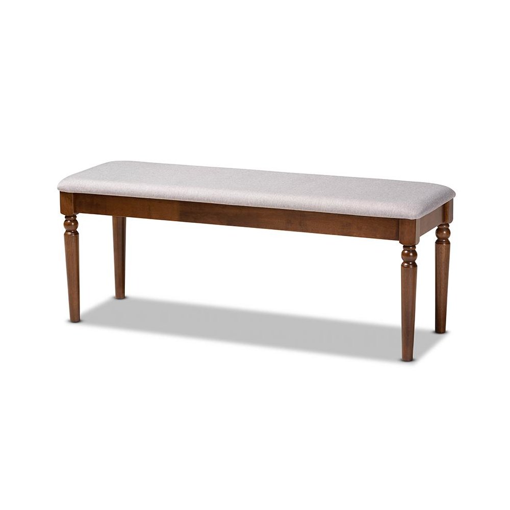 Grey Fabric Upholstered and Walnut Brown Finished Wood Dining Bench