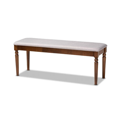 Grey Fabric Upholstered and Walnut Brown Finished Wood Dining Bench