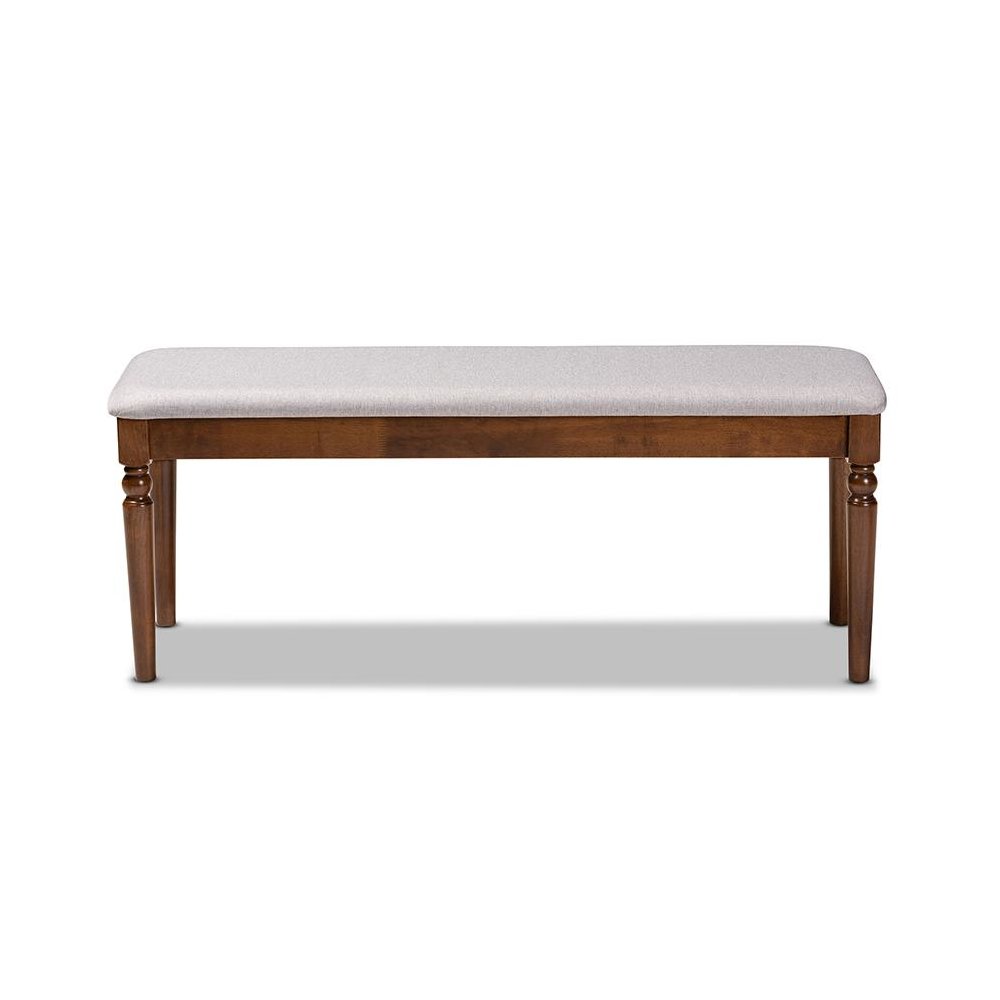 Grey Fabric Upholstered and Walnut Brown Finished Wood Dining Bench