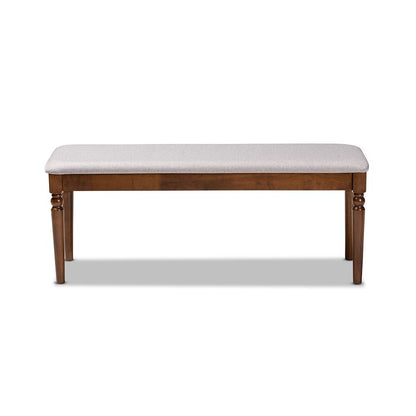 Grey Fabric Upholstered and Walnut Brown Finished Wood Dining Bench