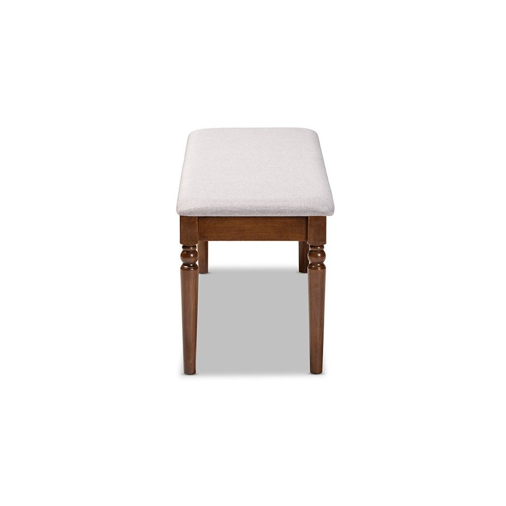 Grey Fabric Upholstered and Walnut Brown Finished Wood Dining Bench