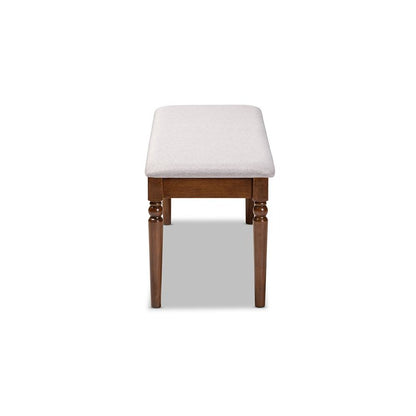 Grey Fabric Upholstered and Walnut Brown Finished Wood Dining Bench