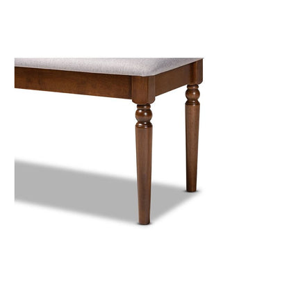 Grey Fabric Upholstered and Walnut Brown Finished Wood Dining Bench