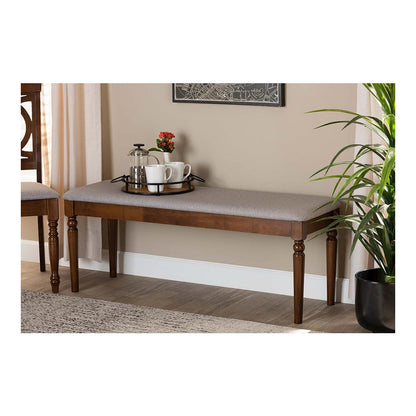 Grey Fabric Upholstered and Walnut Brown Finished Wood Dining Bench