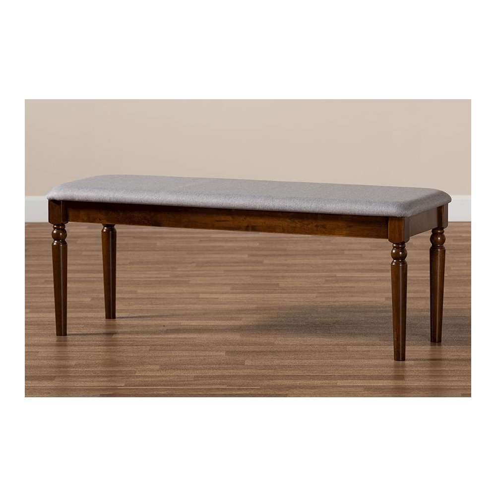 Grey Fabric Upholstered and Walnut Brown Finished Wood Dining Bench