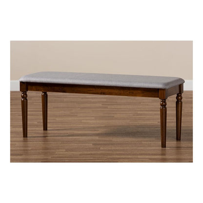 Grey Fabric Upholstered and Walnut Brown Finished Wood Dining Bench
