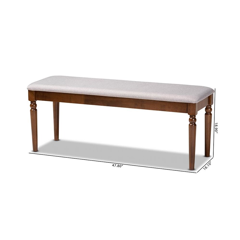 Grey Fabric Upholstered and Walnut Brown Finished Wood Dining Bench