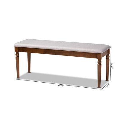 Grey Fabric Upholstered and Walnut Brown Finished Wood Dining Bench