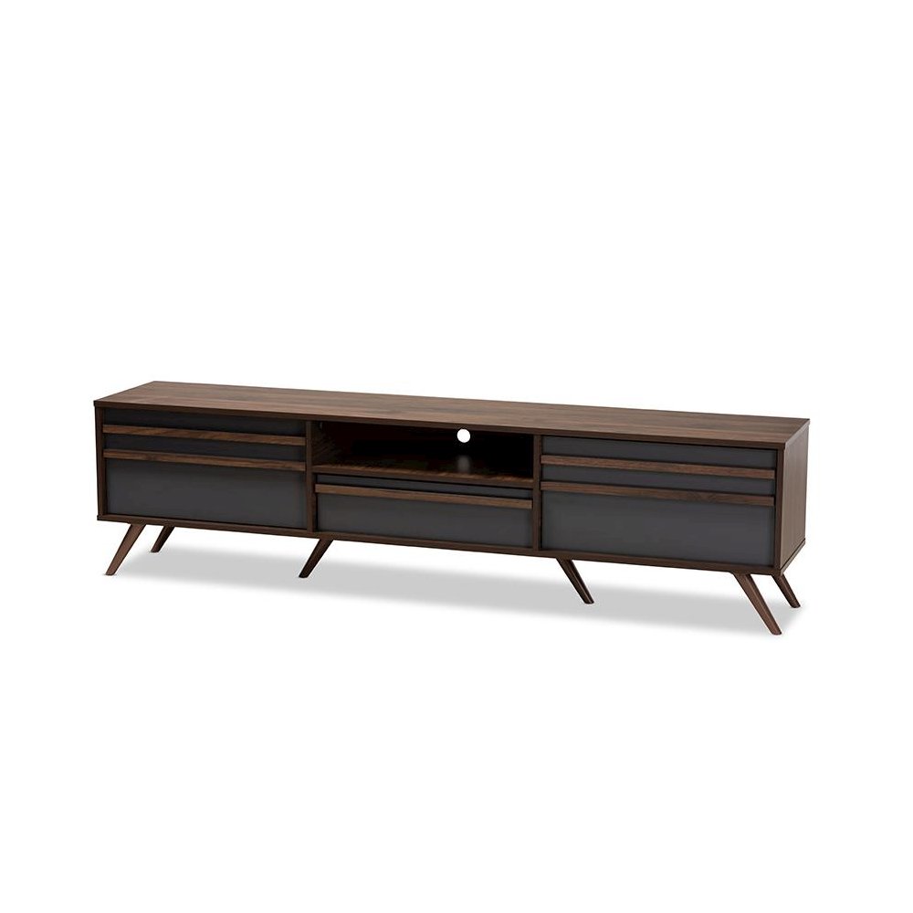 Two-Tone Grey and Walnut Finished Wood TV Stand with Drop-Down Compartments