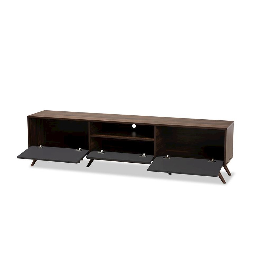 Two-Tone Grey and Walnut Finished Wood TV Stand with Drop-Down Compartments