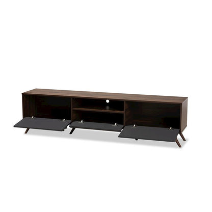Two-Tone Grey and Walnut Finished Wood TV Stand with Drop-Down Compartments