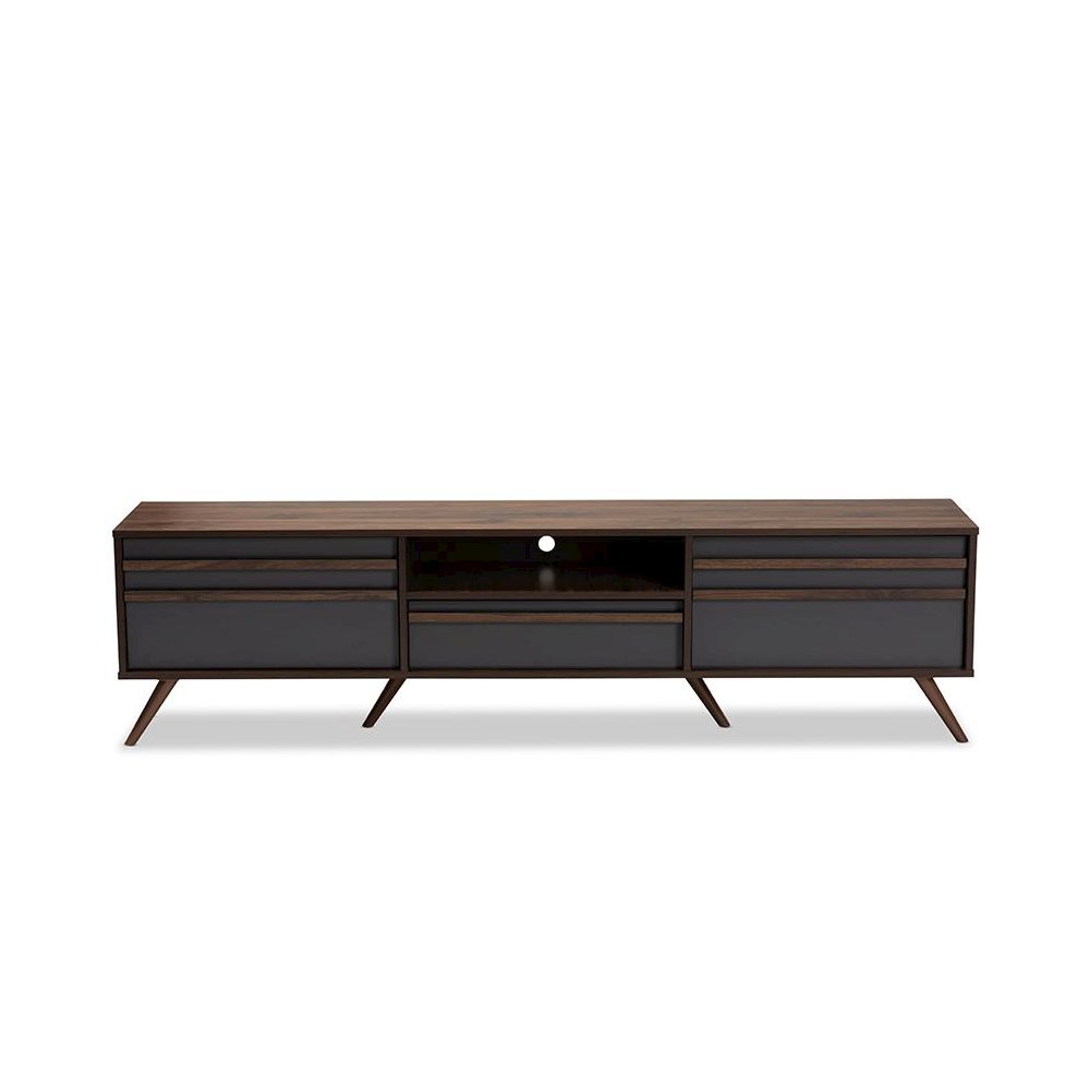 Two-Tone Grey and Walnut Finished Wood TV Stand with Drop-Down Compartments