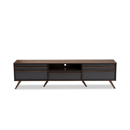 Two-Tone Grey and Walnut Finished Wood TV Stand with Drop-Down Compartments