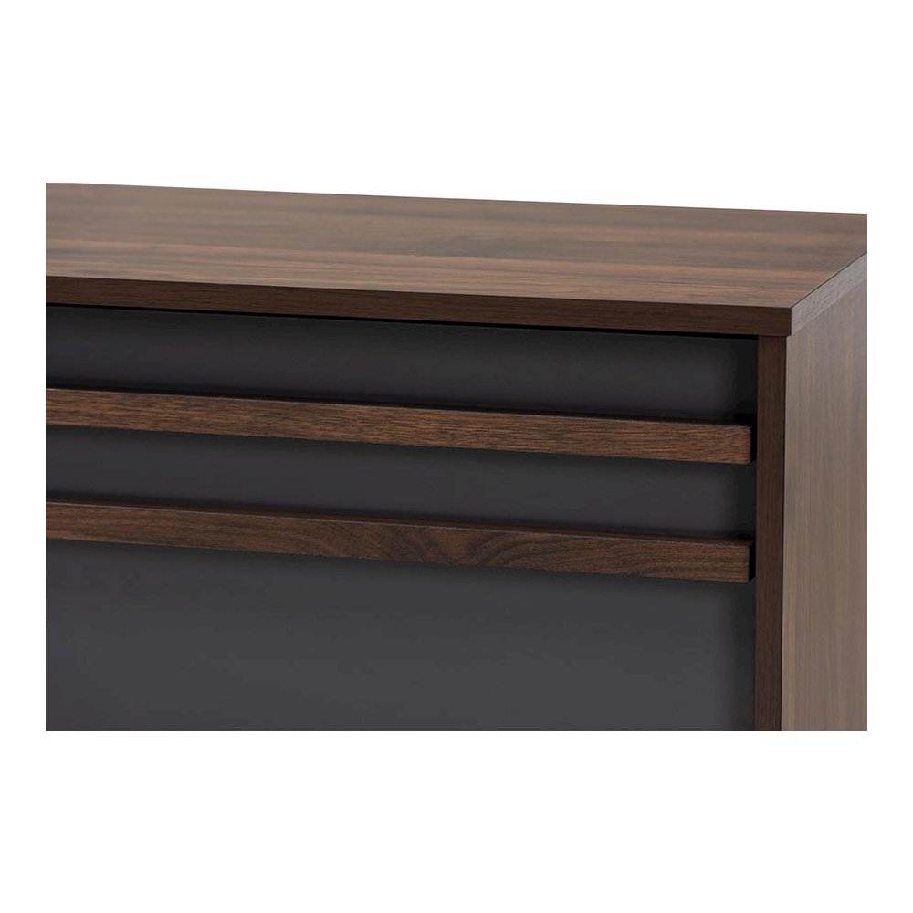 Two-Tone Grey and Walnut Finished Wood TV Stand with Drop-Down Compartments