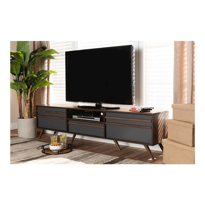 Two-Tone Grey and Walnut Finished Wood TV Stand with Drop-Down Compartments