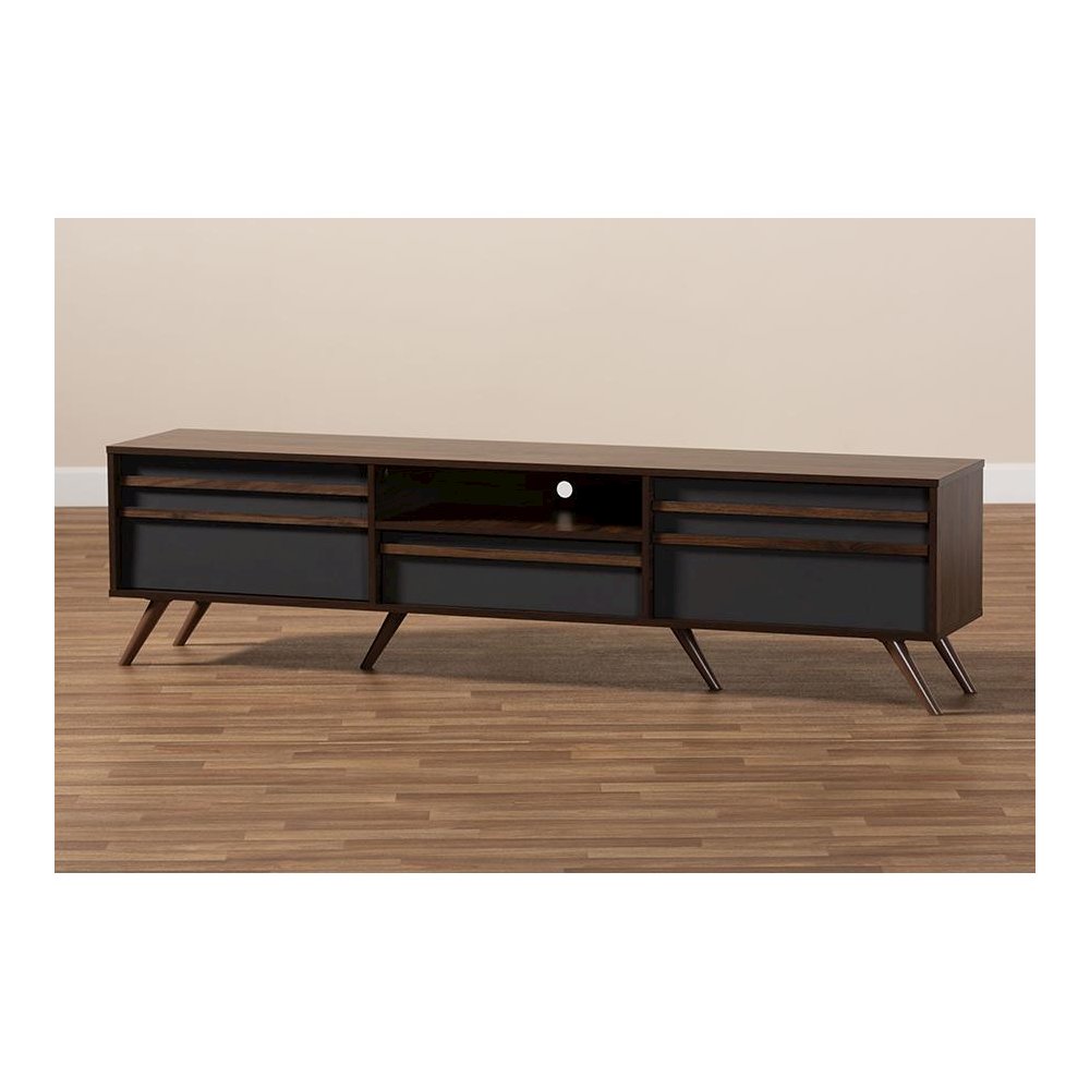 Two-Tone Grey and Walnut Finished Wood TV Stand with Drop-Down Compartments