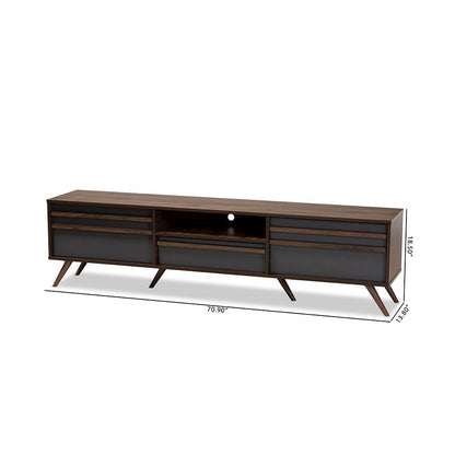Two-Tone Grey and Walnut Finished Wood TV Stand with Drop-Down Compartments