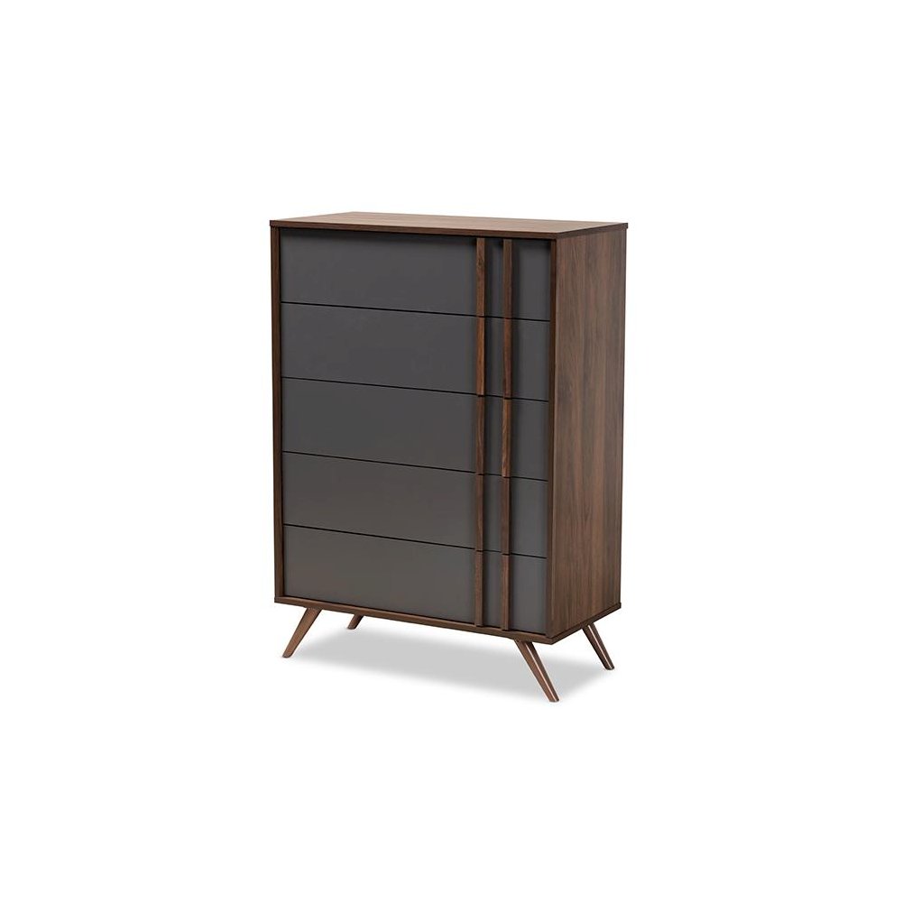 Two-Tone Grey and Walnut Finished Wood 5-Drawer Bedroom Chest