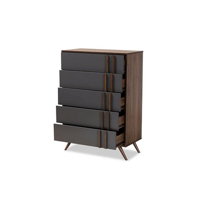 Two-Tone Grey and Walnut Finished Wood 5-Drawer Bedroom Chest