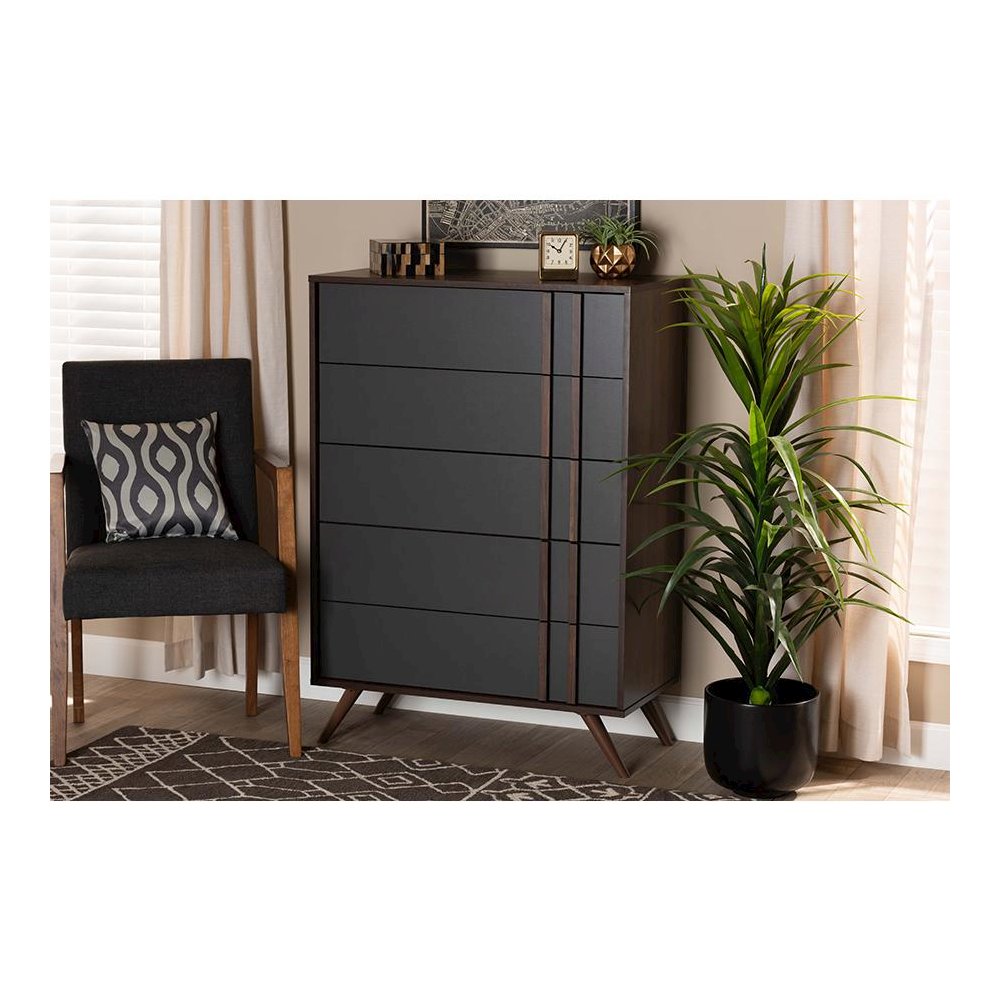 Two-Tone Grey and Walnut Finished Wood 5-Drawer Bedroom Chest