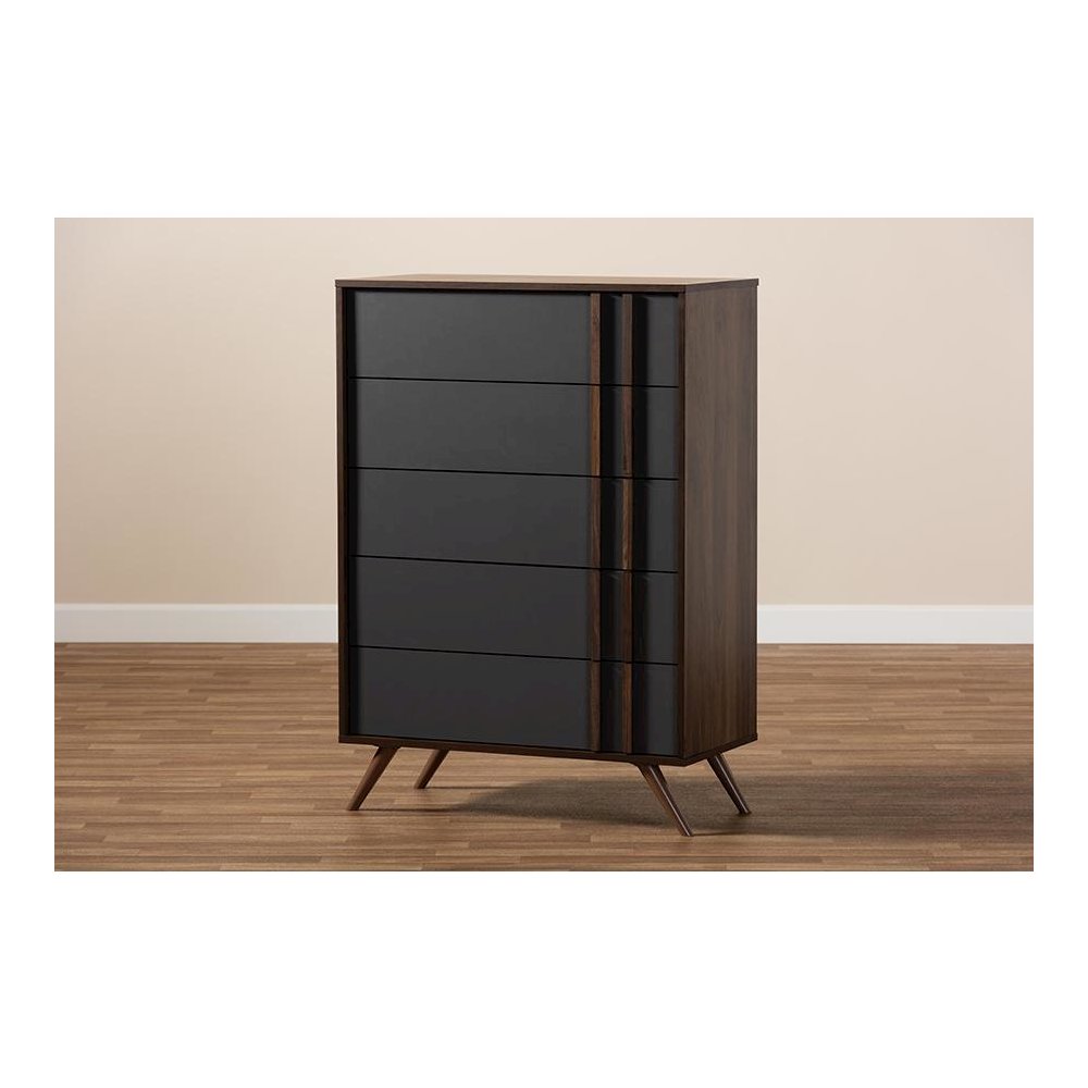 Two-Tone Grey and Walnut Finished Wood 5-Drawer Bedroom Chest