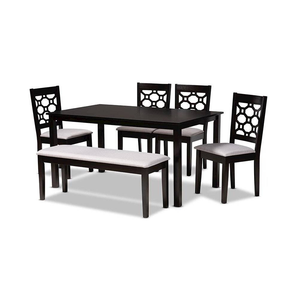 Grey Fabric Upholstered and Dark Brown Finished Wood 6-Piece Dining Set