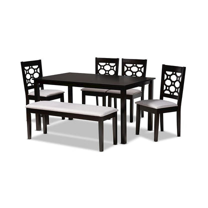 Grey Fabric Upholstered and Dark Brown Finished Wood 6-Piece Dining Set