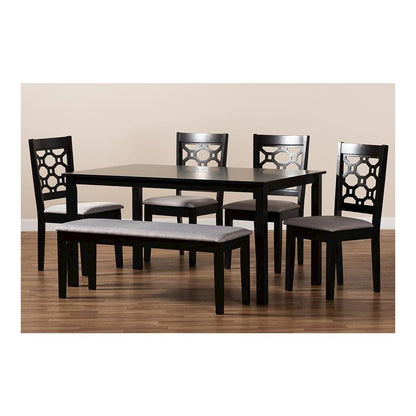 Grey Fabric Upholstered and Dark Brown Finished Wood 6-Piece Dining Set