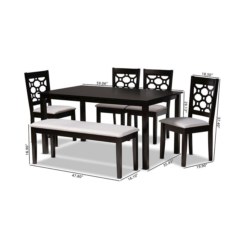 Grey Fabric Upholstered and Dark Brown Finished Wood 6-Piece Dining Set