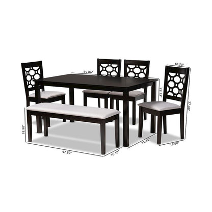 Grey Fabric Upholstered and Dark Brown Finished Wood 6-Piece Dining Set