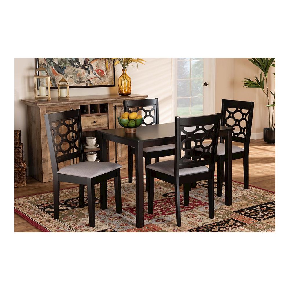 Grey Fabric Upholstered and Dark Brown Finished Wood 5-Piece Dining Set