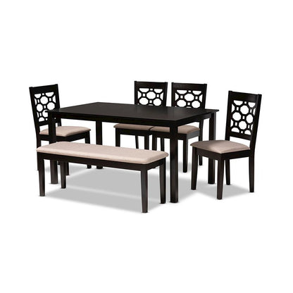 Sand Fabric Upholstered and Dark Brown Finished Wood 6-Piece Dining Set