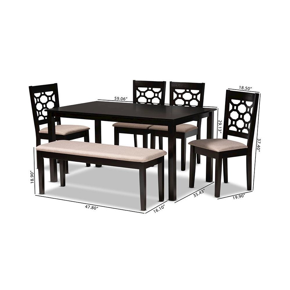 Sand Fabric Upholstered and Dark Brown Finished Wood 6-Piece Dining Set