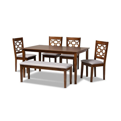 Grey Fabric Upholstered and Walnut Brown Finished Wood 6-Piece Dining Set