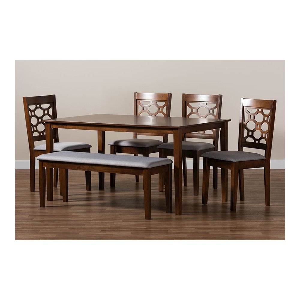 Grey Fabric Upholstered and Walnut Brown Finished Wood 6-Piece Dining Set