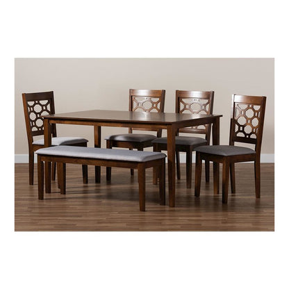 Grey Fabric Upholstered and Walnut Brown Finished Wood 6-Piece Dining Set