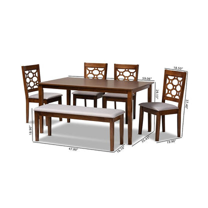 Grey Fabric Upholstered and Walnut Brown Finished Wood 6-Piece Dining Set