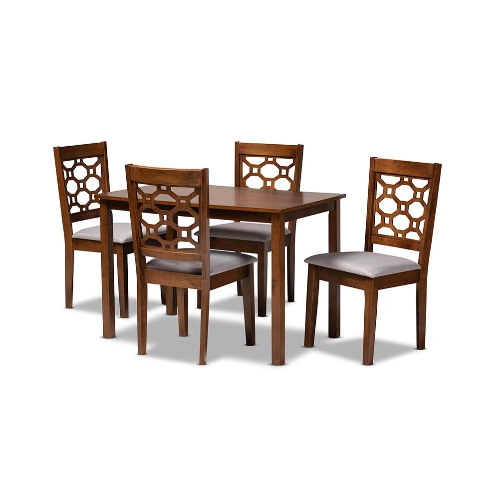 Grey Fabric Upholstered and Walnut Brown Finished Wood 5-Piece Dining Set