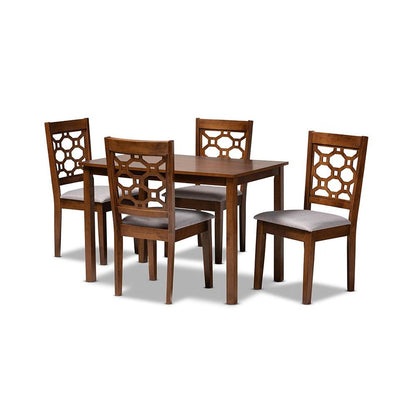 Grey Fabric Upholstered and Walnut Brown Finished Wood 5-Piece Dining Set