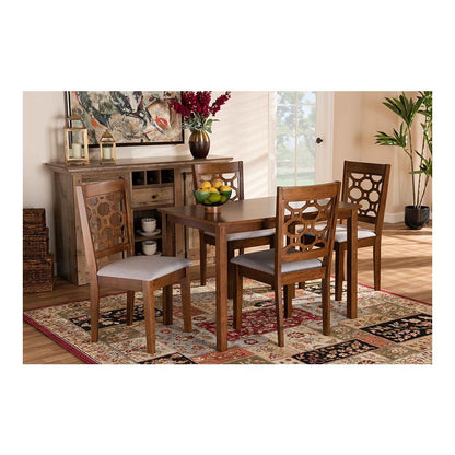 Grey Fabric Upholstered and Walnut Brown Finished Wood 5-Piece Dining Set