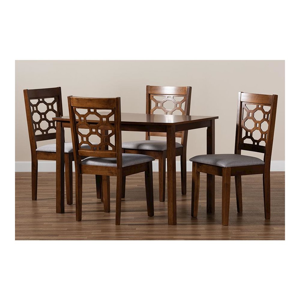 Grey Fabric Upholstered and Walnut Brown Finished Wood 5-Piece Dining Set