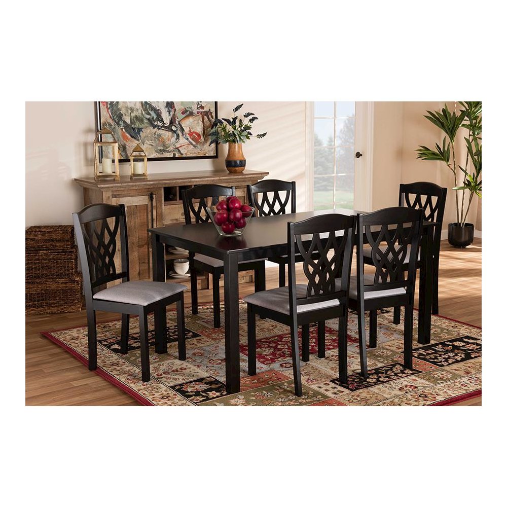 Grey Fabric Upholstered and Dark Brown Finished Wood 7-Piece Dining Set