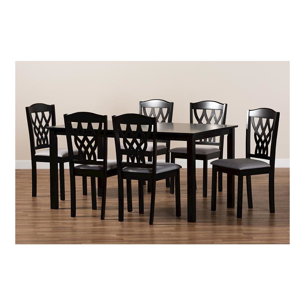 Grey Fabric Upholstered and Dark Brown Finished Wood 7-Piece Dining Set