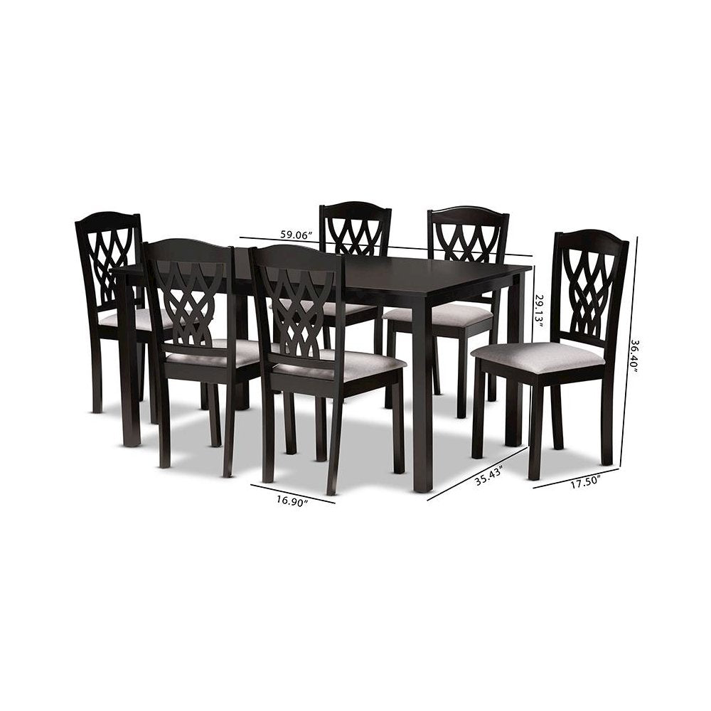 Grey Fabric Upholstered and Dark Brown Finished Wood 7-Piece Dining Set